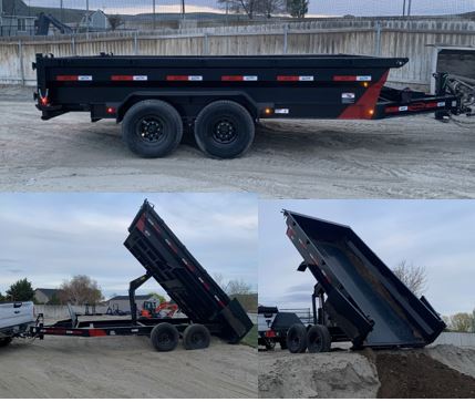 14 foot black dump trailer shown lowered and dumping